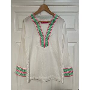 Macbeth Collection‎ Margaret Josephs White Cotton Tunic Top Pink Green Trim S